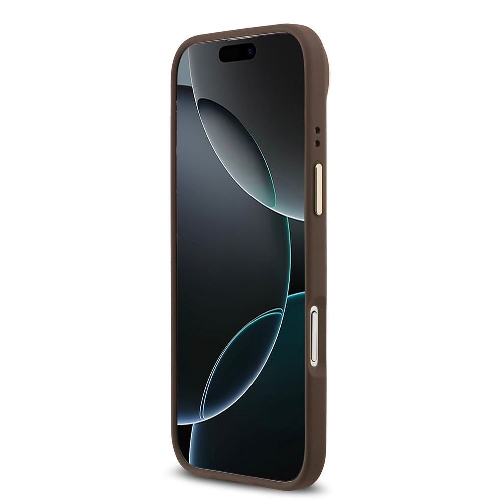 Guess iPhone 17 Air Orjinal Lisanslı M-safe Şarj Özellikli Gold Metal Kamera Çerçeveli PU Deri 4G Desenli Yazı Logolu Kılıf
