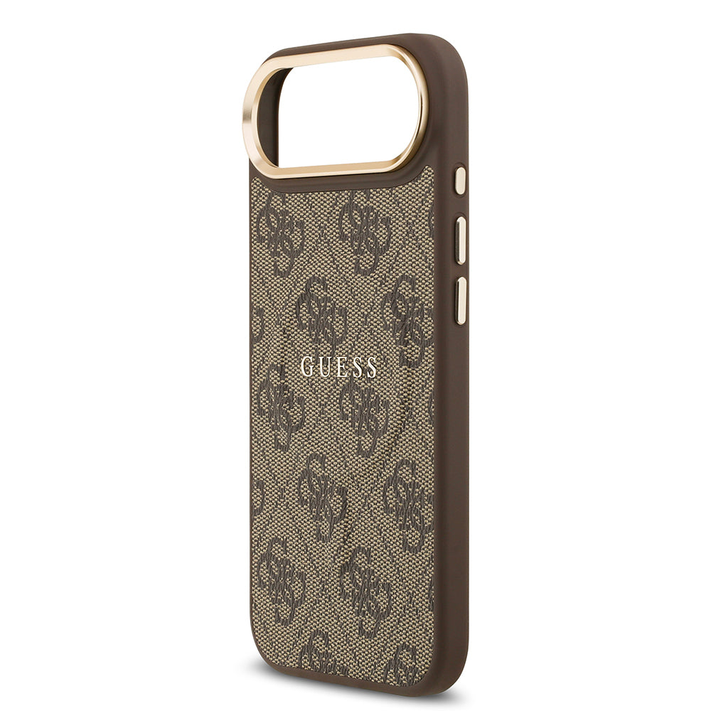 Guess iPhone 17 Air Orjinal Lisanslı M-safe Şarj Özellikli Gold Metal Kamera Çerçeveli PU Deri 4G Desenli Yazı Logolu Kılıf