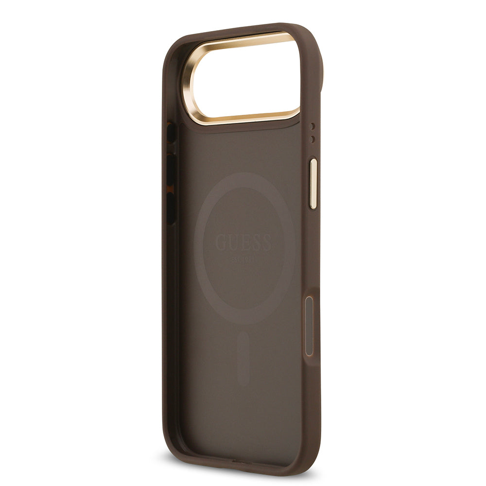 Guess iPhone 17 Air Orjinal Lisanslı M-safe Şarj Özellikli Gold Metal Kamera Çerçeveli PU Deri 4G Desenli Yazı Logolu Kılıf