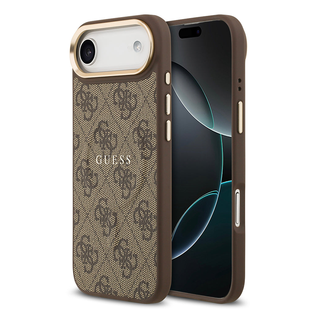 Guess iPhone 17 Air Orjinal Lisanslı M-safe Şarj Özellikli Gold Metal Kamera Çerçeveli PU Deri 4G Desenli Yazı Logolu Kılıf