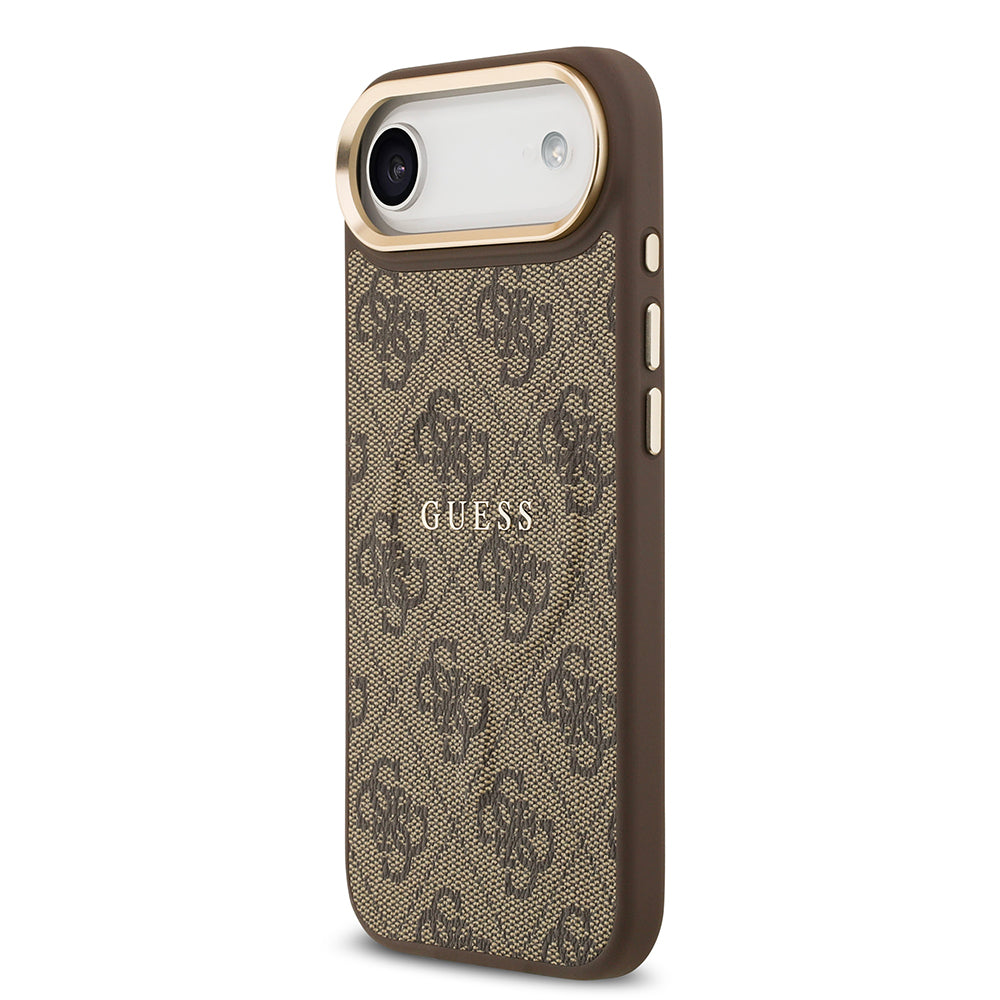 Guess iPhone 17 Air Orjinal Lisanslı M-safe Şarj Özellikli Gold Metal Kamera Çerçeveli PU Deri 4G Desenli Yazı Logolu Kılıf
