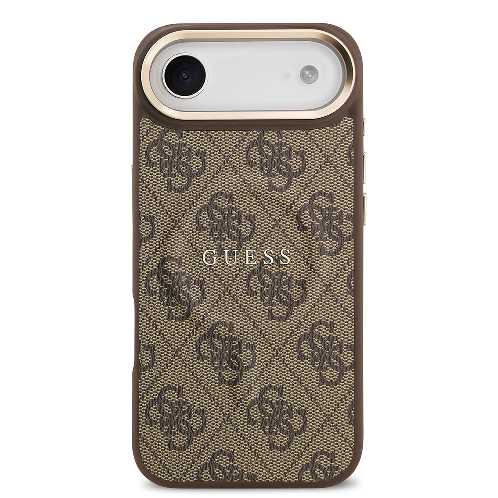 Guess iPhone 17 Air Orjinal Lisanslı M-safe Şarj Özellikli Gold Metal Kamera Çerçeveli PU Deri 4G Desenli Yazı Logolu Kılıf