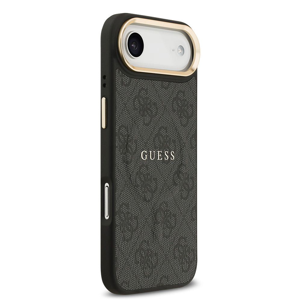 Guess iPhone 17 Air Orjinal Lisanslı M-safe Şarj Özellikli Gold Metal Kamera Çerçeveli PU Deri 4G Desenli Yazı Logolu Kılıf