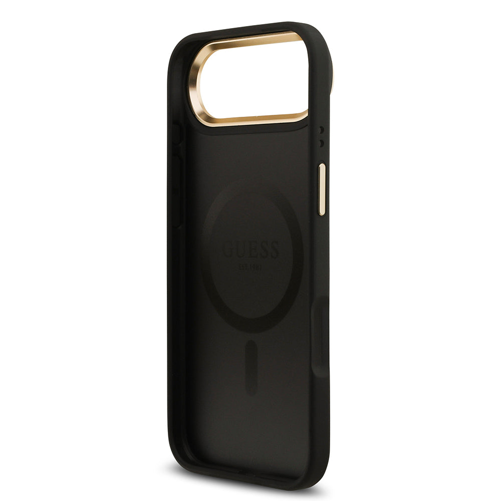 Guess iPhone 17 Air Orjinal Lisanslı M-safe Şarj Özellikli Gold Metal Kamera Çerçeveli PU Deri 4G Desenli Yazı Logolu Kılıf