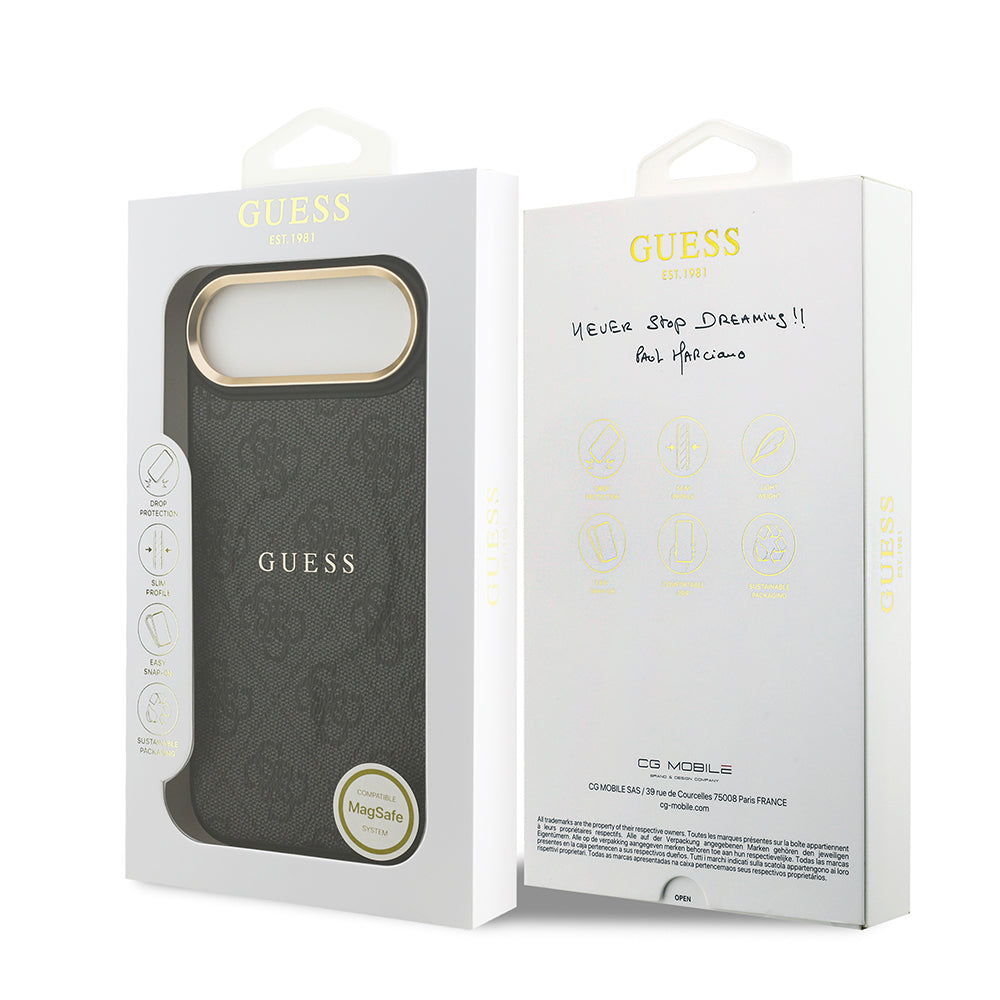 Guess iPhone 17 Air Orjinal Lisanslı M-safe Şarj Özellikli Gold Metal Kamera Çerçeveli PU Deri 4G Desenli Yazı Logolu Kılıf