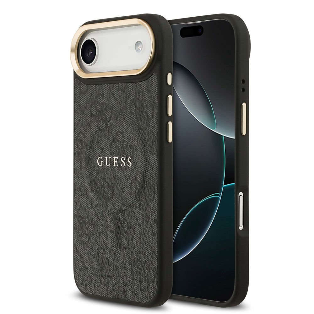 Guess iPhone 17 Air Orjinal Lisanslı M-safe Şarj Özellikli Gold Metal Kamera Çerçeveli PU Deri 4G Desenli Yazı Logolu Kılıf