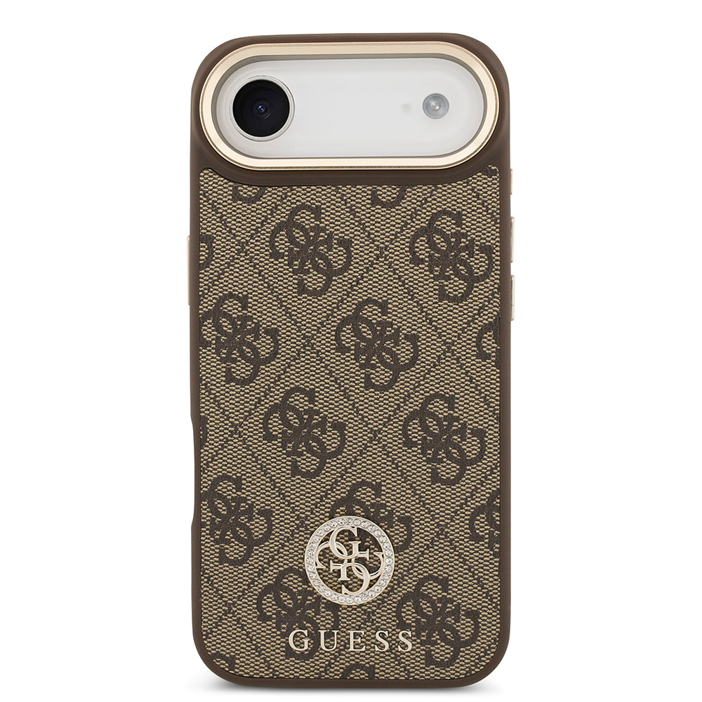 Guess iPhone 17 Air Orjinal Lisanslı M-safe Şarj Özellikli Gold Metal Kamera Çerçeveli Taşlı 4G Logolu Kılıf