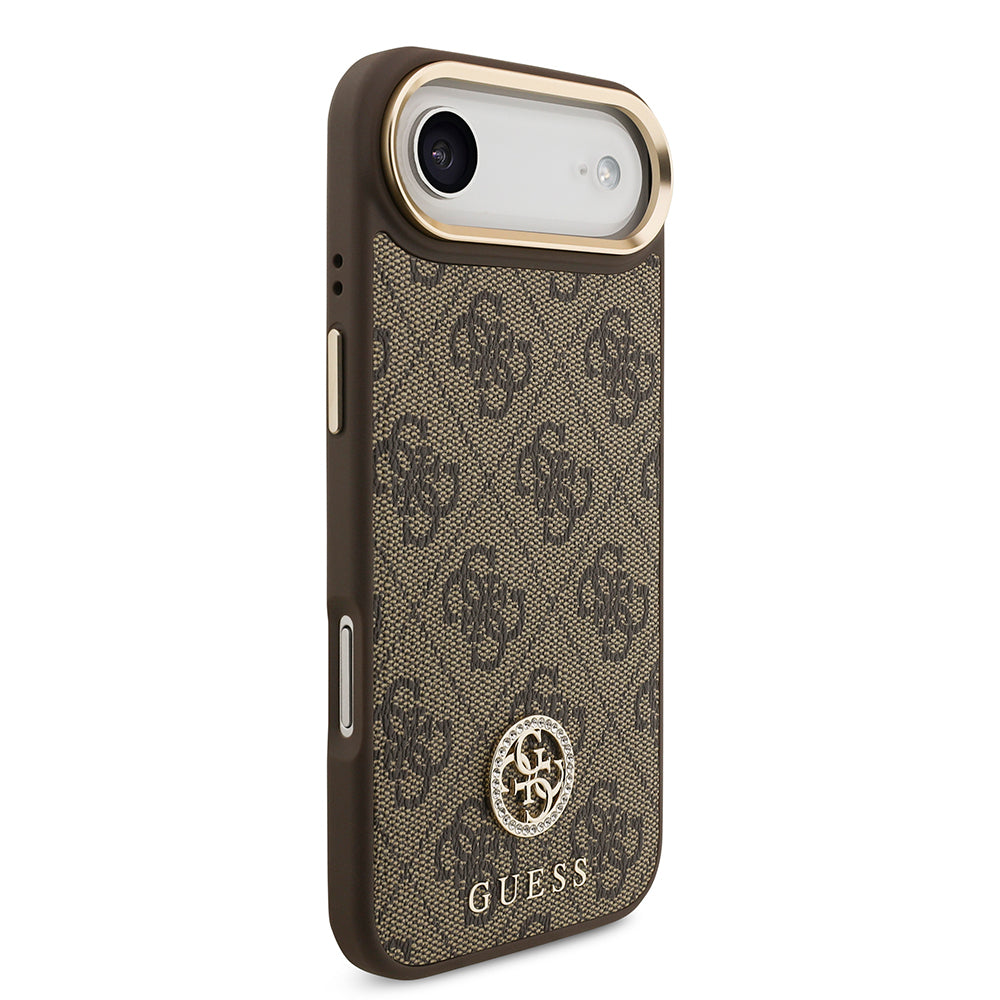 Guess iPhone 17 Air Orjinal Lisanslı M-safe Şarj Özellikli Gold Metal Kamera Çerçeveli Taşlı 4G Logolu Kılıf