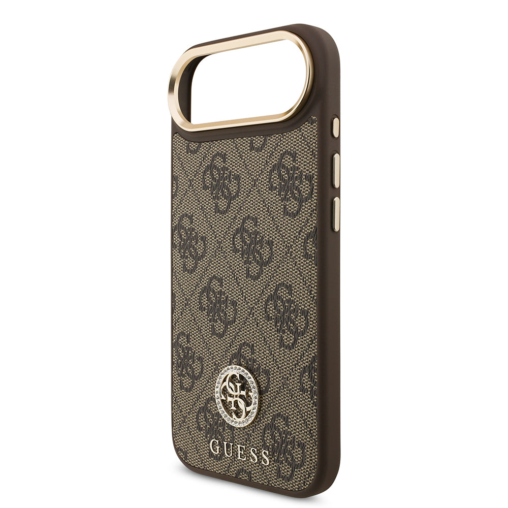 Guess iPhone 17 Air Orjinal Lisanslı M-safe Şarj Özellikli Gold Metal Kamera Çerçeveli Taşlı 4G Logolu Kılıf
