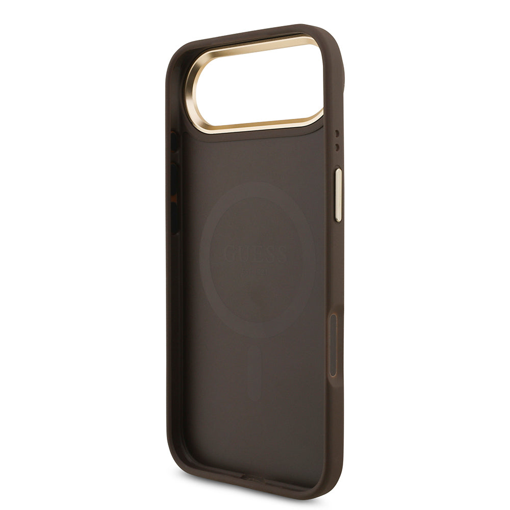 Guess iPhone 17 Air Orjinal Lisanslı M-safe Şarj Özellikli Gold Metal Kamera Çerçeveli Taşlı 4G Logolu Kılıf