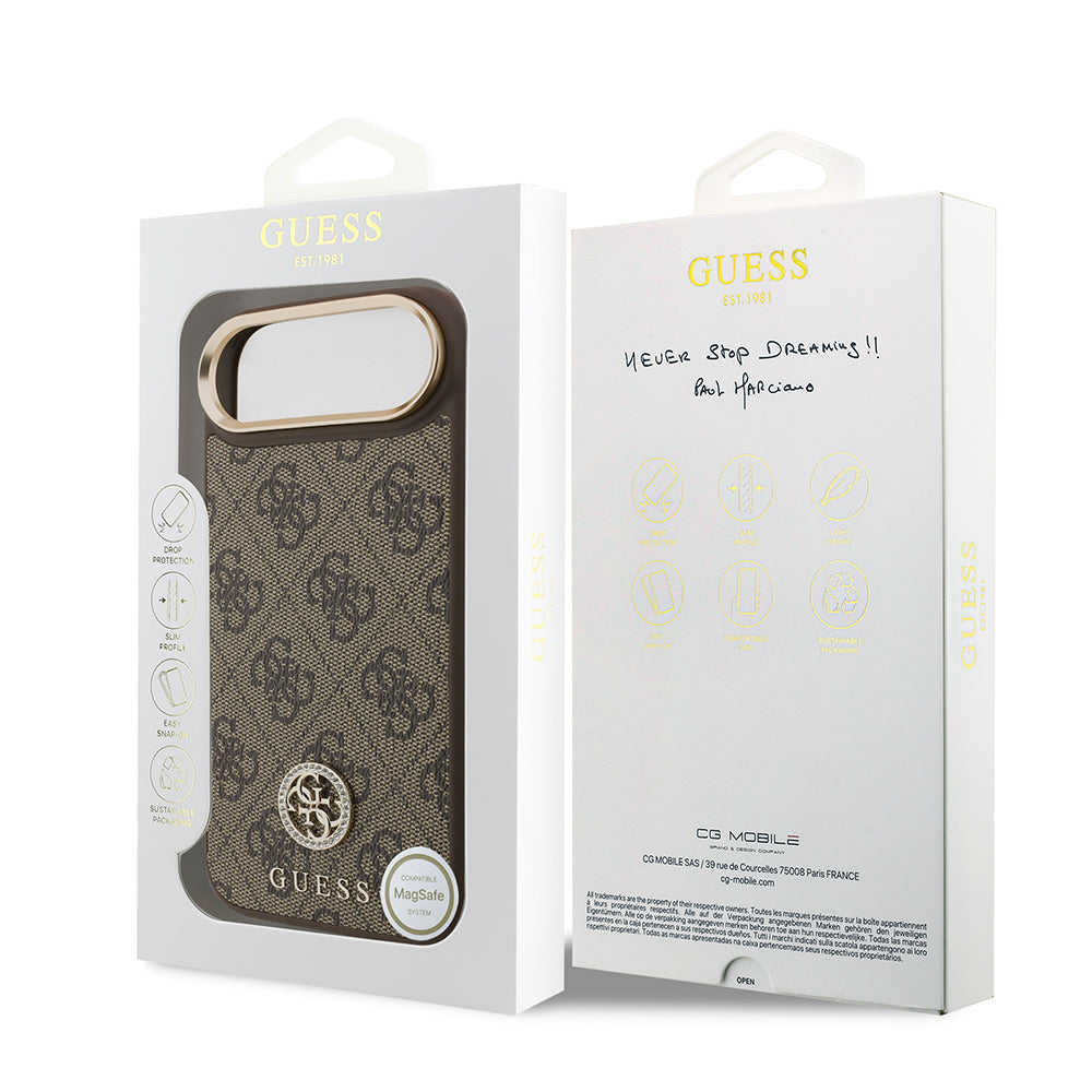 Guess iPhone 17 Air Orjinal Lisanslı M-safe Şarj Özellikli Gold Metal Kamera Çerçeveli Taşlı 4G Logolu Kılıf