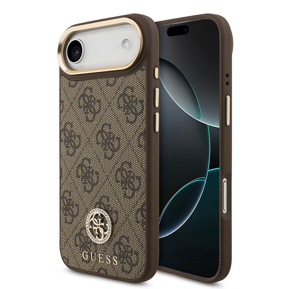 Guess iPhone 17 Air Orjinal Lisanslı M-safe Şarj Özellikli Gold Metal Kamera Çerçeveli Taşlı 4G Logolu Kılıf