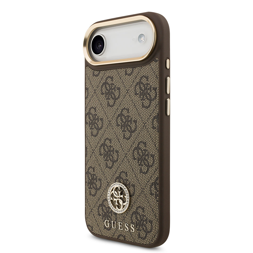 Guess iPhone 17 Air Orjinal Lisanslı M-safe Şarj Özellikli Gold Metal Kamera Çerçeveli Taşlı 4G Logolu Kılıf