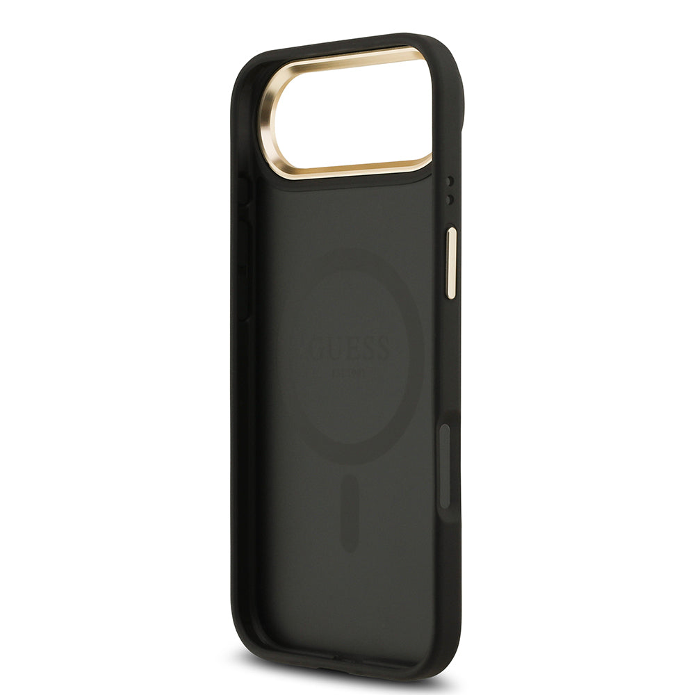Guess iPhone 17 Air Orjinal Lisanslı M-safe Şarj Özellikli Gold Metal Kamera Çerçeveli Taşlı 4G Logolu Kılıf