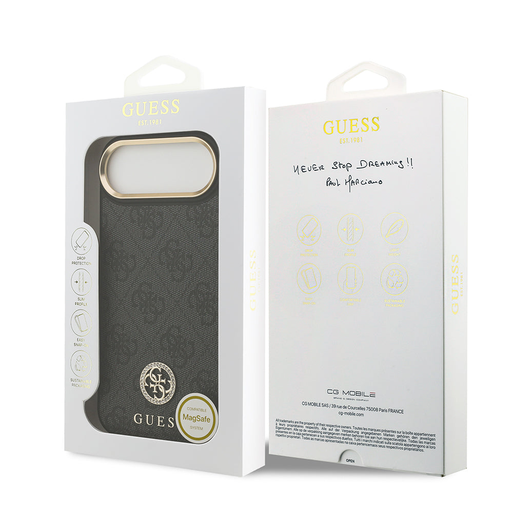 Guess iPhone 17 Air Orjinal Lisanslı M-safe Şarj Özellikli Gold Metal Kamera Çerçeveli Taşlı 4G Logolu Kılıf