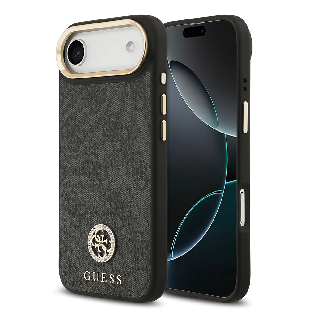 Guess iPhone 17 Air Orjinal Lisanslı M-safe Şarj Özellikli Gold Metal Kamera Çerçeveli Taşlı 4G Logolu Kılıf