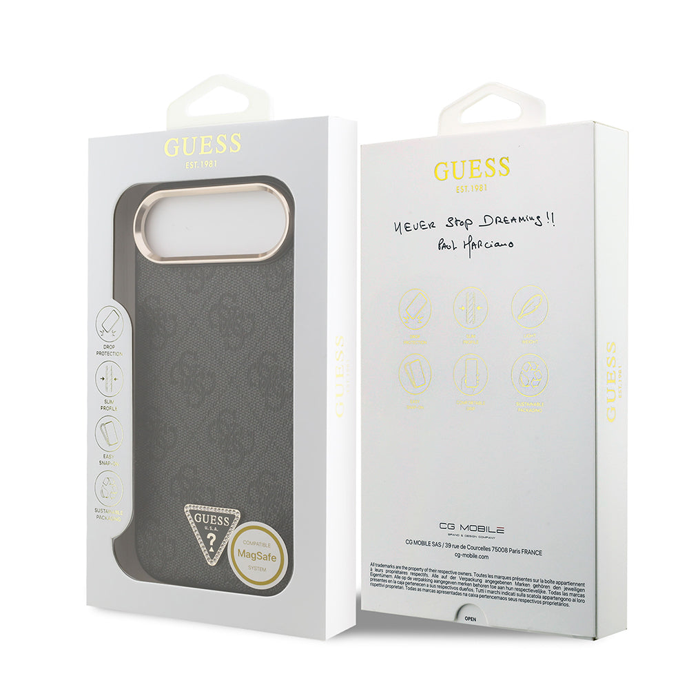 Guess iPhone 17 Air Orjinal Lisanslı M-safe Gold Metal Kamera Çerçeveli Taşlı Üçgen Logo 4G Desenli Kılıf
