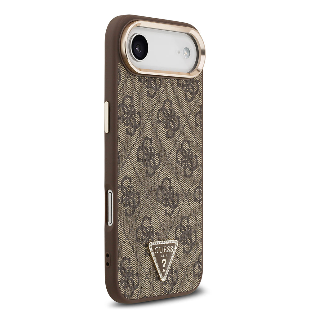 Guess iPhone 17 Air Orjinal Lisanslı M-safe Gold Metal Kamera Çerçeveli Taşlı Üçgen Logo 4G Desenli Kılıf