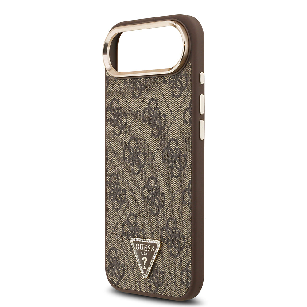 Guess iPhone 17 Air Orjinal Lisanslı M-safe Gold Metal Kamera Çerçeveli Taşlı Üçgen Logo 4G Desenli Kılıf