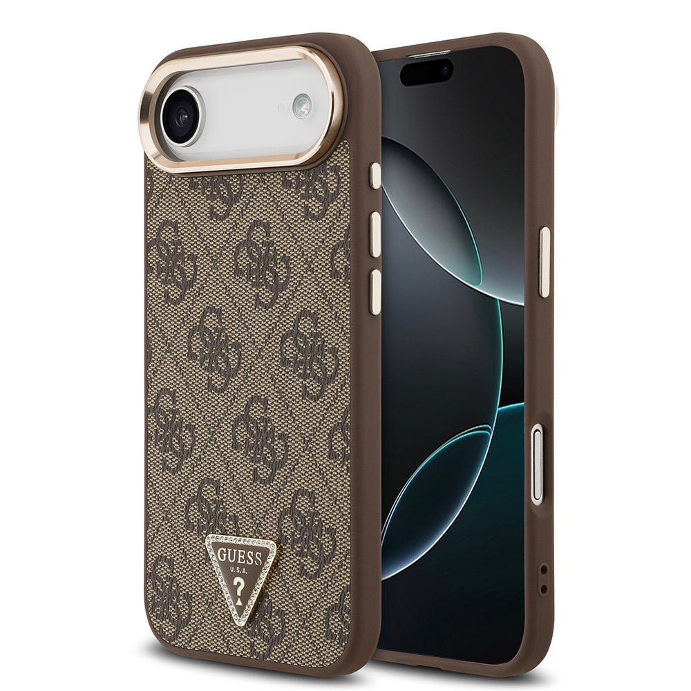 Guess iPhone 17 Air Orjinal Lisanslı M-safe Gold Metal Kamera Çerçeveli Taşlı Üçgen Logo 4G Desenli Kılıf