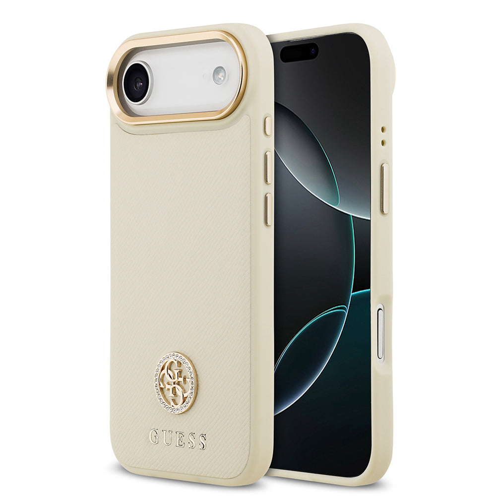 iPhone 17 Air Kılıf Guess Orjinal Lisanslı M-safe Şarj Özellikli Grained Yazı ve Taşlı 4G Logolu Kılıf