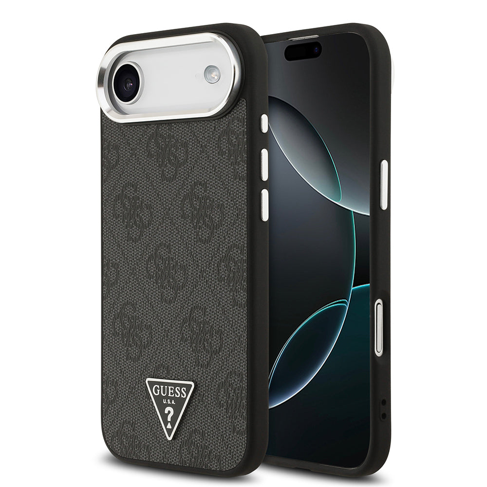 Guess iPhone 17 Air Orjinal Lisanslı M-safe Şarj Özellikli Gümüş Metal Kamera Çerçeveli Üçgen Logo 4G Desenli Kılıf