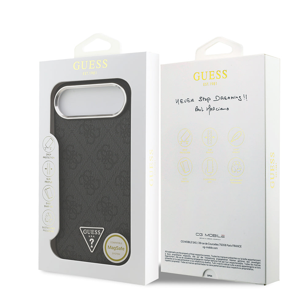 Guess iPhone 17 Air Orjinal Lisanslı M-safe Şarj Özellikli Gümüş Metal Kamera Çerçeveli Üçgen Logo 4G Desenli Kılıf