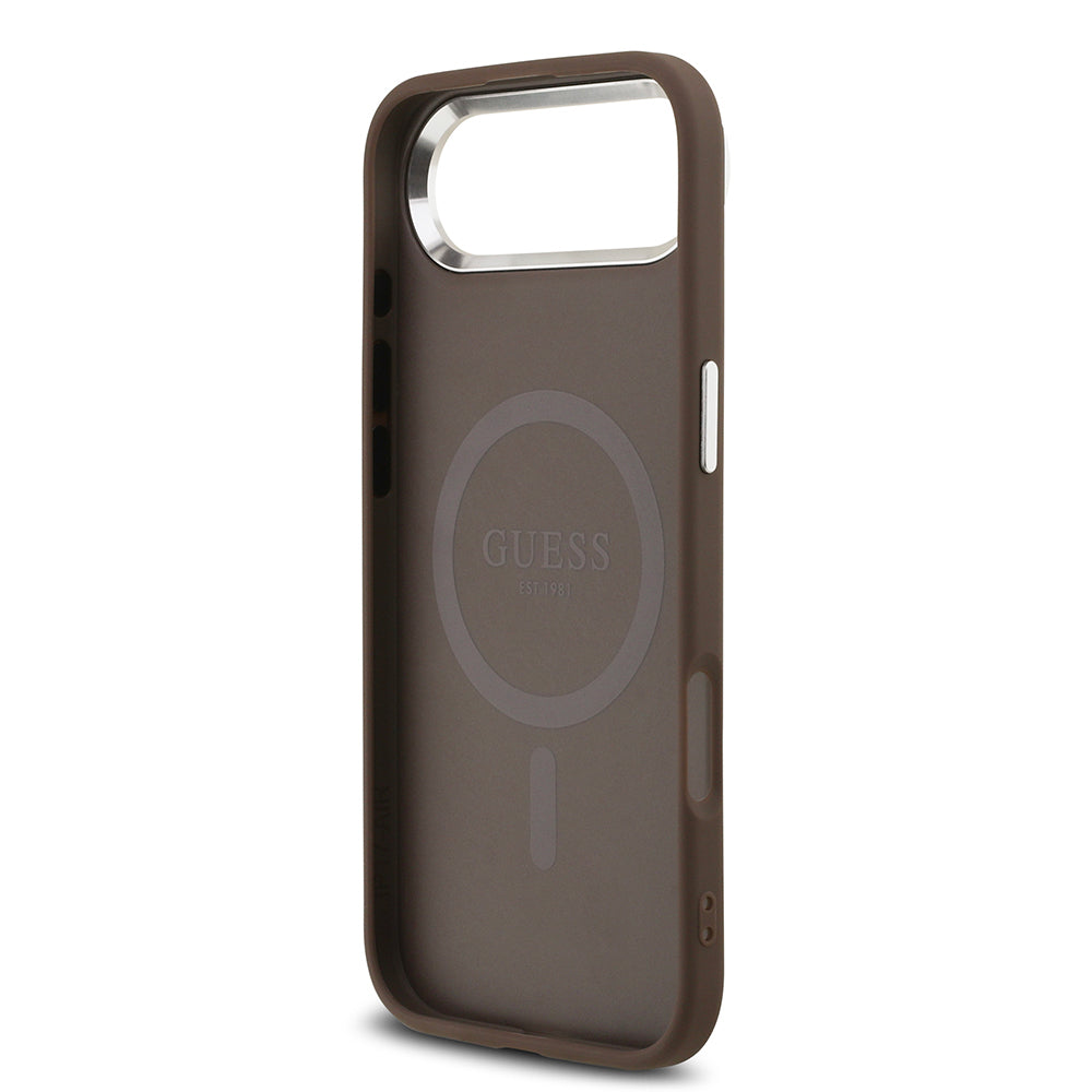 Guess iPhone 17 Air Orjinal Lisanslı M-safe Şarj Özellikli Gümüş Metal Kamera Çerçeveli Üçgen Logo 4G Desenli Kılıf