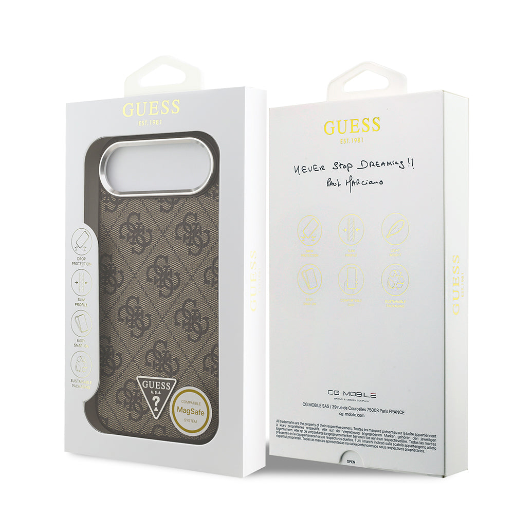 Guess iPhone 17 Air Orjinal Lisanslı M-safe Şarj Özellikli Gümüş Metal Kamera Çerçeveli Üçgen Logo 4G Desenli Kılıf