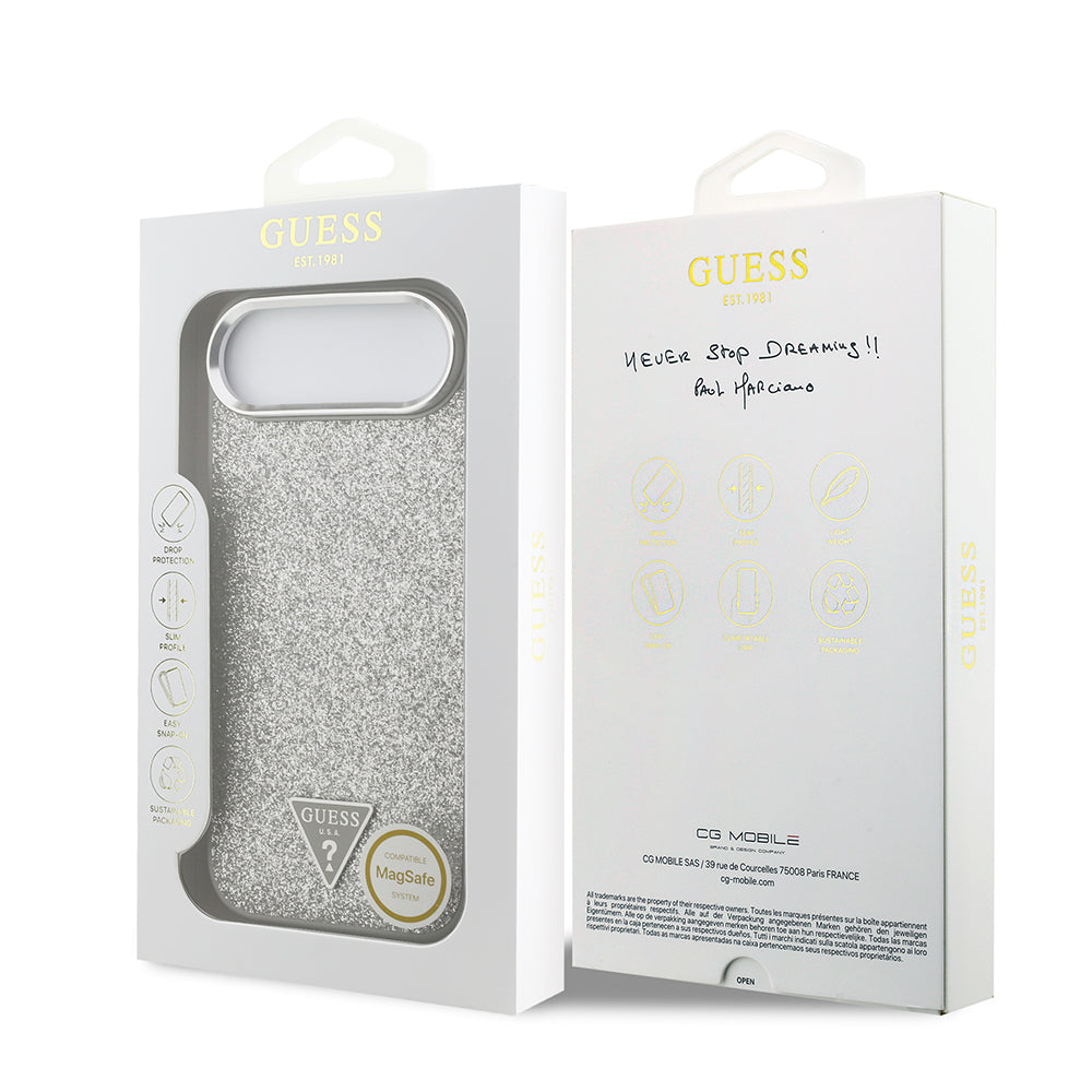 Guess iPhone 17 Air Orjinal Lisanslı M-safe Şarj Özellikli Metal Kamera Çerçeveli Üçgen Logolu Glitter Kılıf