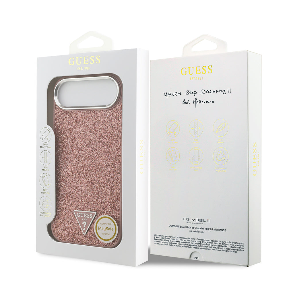 Guess iPhone 17 Air Orjinal Lisanslı M-safe Şarj Özellikli Metal Kamera Çerçeveli Üçgen Logolu Glitter Kılıf