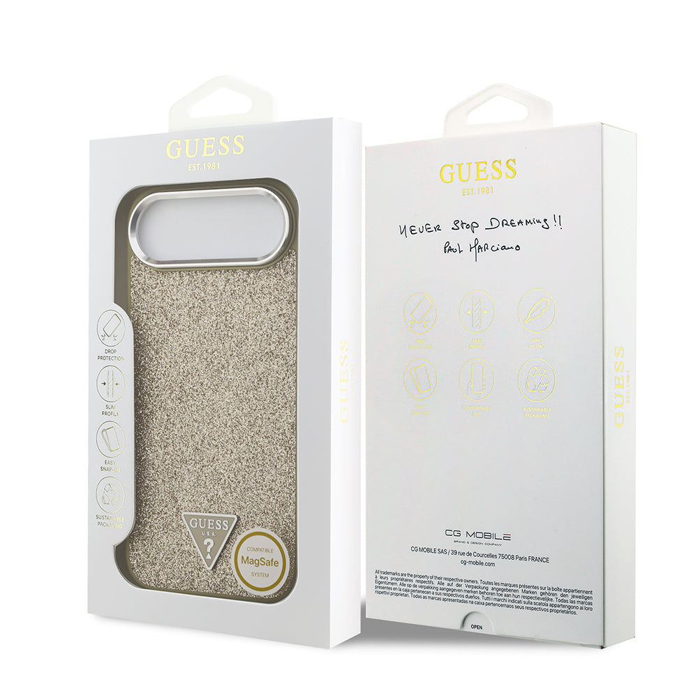 Guess iPhone 17 Air Orjinal Lisanslı M-safe Şarj Özellikli Metal Kamera Çerçeveli Üçgen Logolu Glitter Kılıf