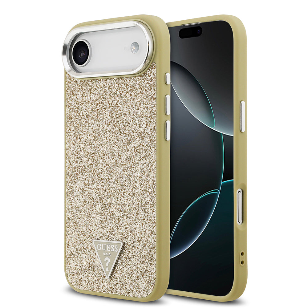 Guess iPhone 17 Air Orjinal Lisanslı M-safe Şarj Özellikli Metal Kamera Çerçeveli Üçgen Logolu Glitter Kılıf