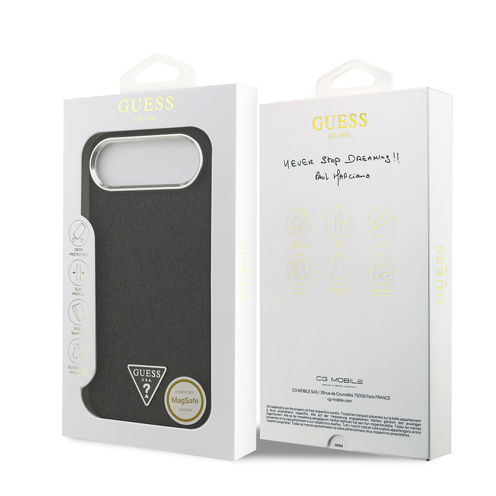 Guess iPhone 17 Air Orjinal Lisanslı M-safe Şarj Özellikli Metal Kamera Çerçeveli Üçgen Logolu Glitter Kılıf