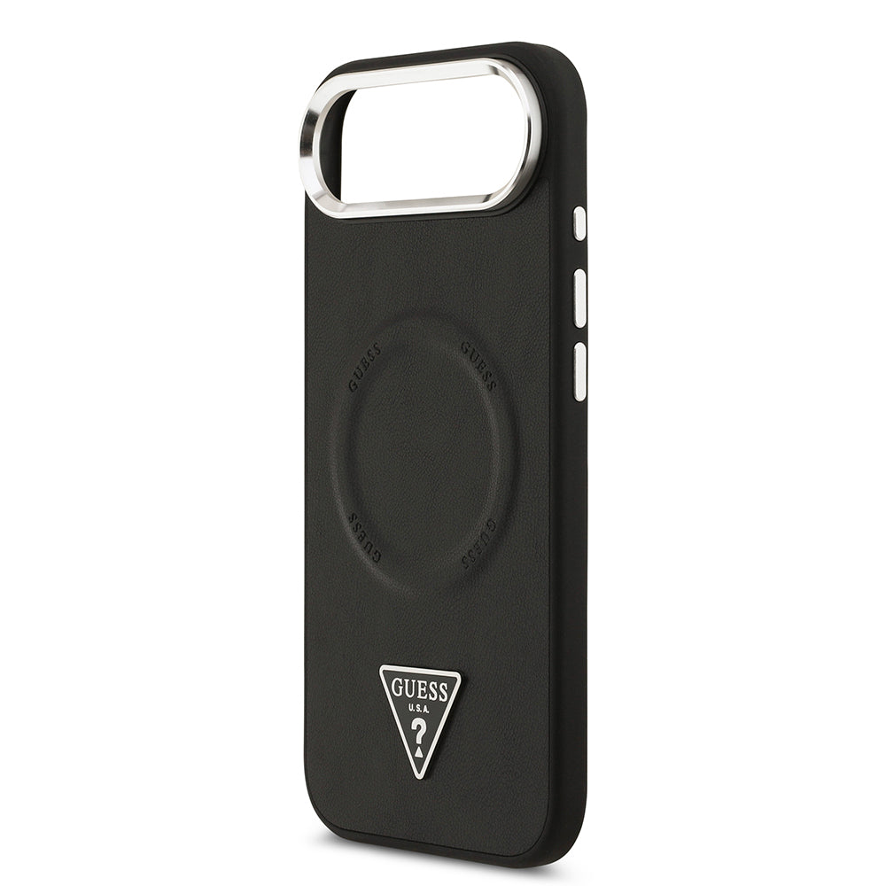 Guess iPhone 17 Air Orjinal Lisanslı M-safe Şarj Özellikli PU Deri Metal Kamera Çerçeveli Üçgen Logolu Kılıf