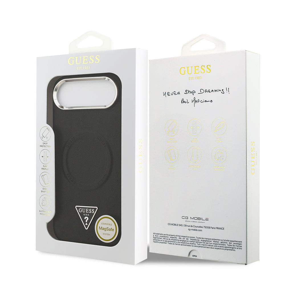 Guess iPhone 17 Air Orjinal Lisanslı M-safe Şarj Özellikli PU Deri Metal Kamera Çerçeveli Üçgen Logolu Kılıf