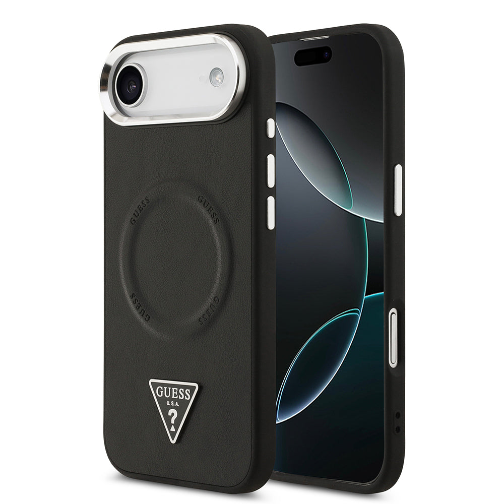 Guess iPhone 17 Air Orjinal Lisanslı M-safe Şarj Özellikli PU Deri Metal Kamera Çerçeveli Üçgen Logolu Kılıf