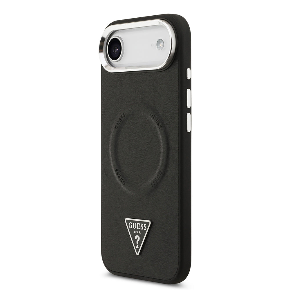 Guess iPhone 17 Air Orjinal Lisanslı M-safe Şarj Özellikli PU Deri Metal Kamera Çerçeveli Üçgen Logolu Kılıf
