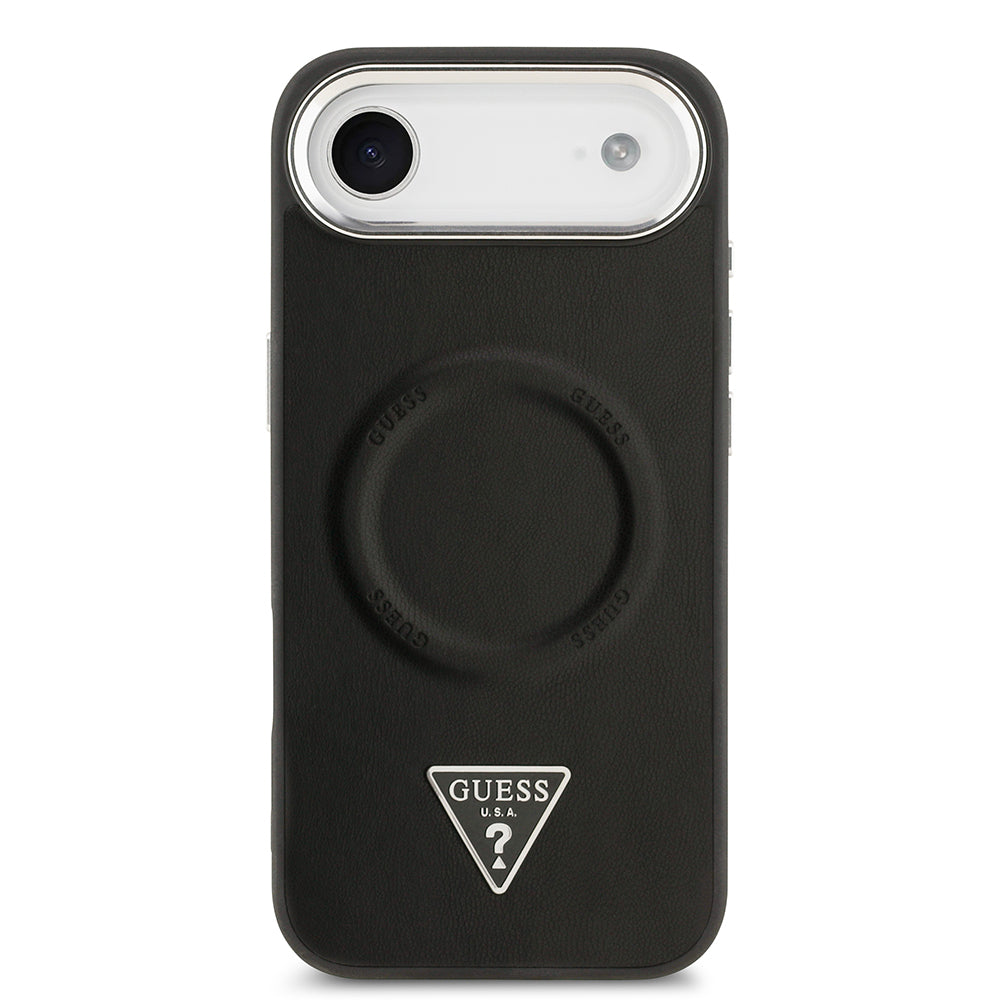 Guess iPhone 17 Air Orjinal Lisanslı M-safe Şarj Özellikli PU Deri Metal Kamera Çerçeveli Üçgen Logolu Kılıf