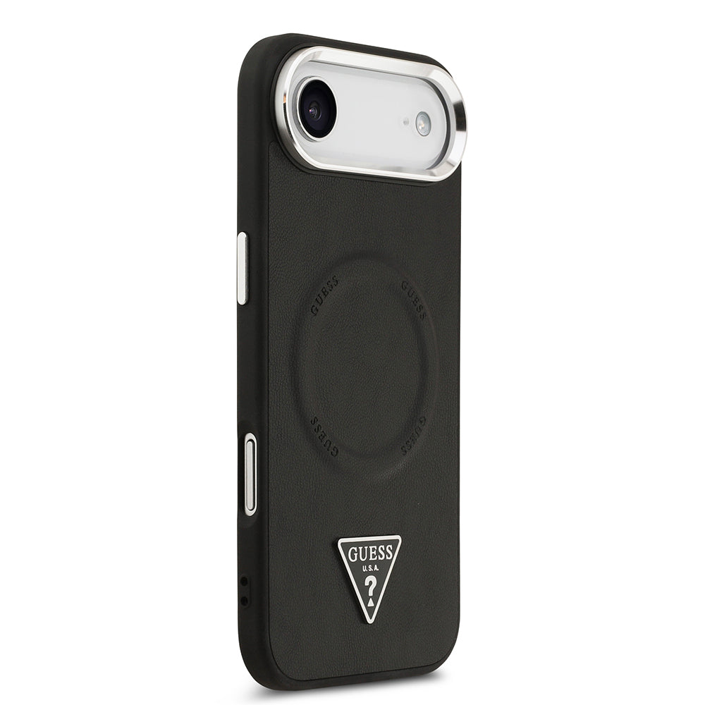 Guess iPhone 17 Air Orjinal Lisanslı M-safe Şarj Özellikli PU Deri Metal Kamera Çerçeveli Üçgen Logolu Kılıf