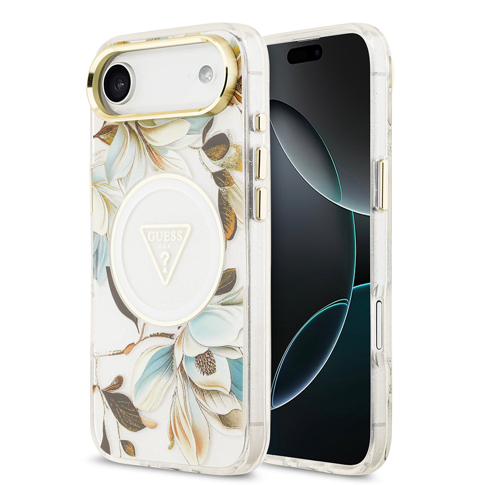 Guess iPhone 17 Air Orjinal Lisanslı M-safe Şarj Özellikli Simli Çiçek Desenli Metal Kamera Çerçeveli Üçgen Logolu Kılıf