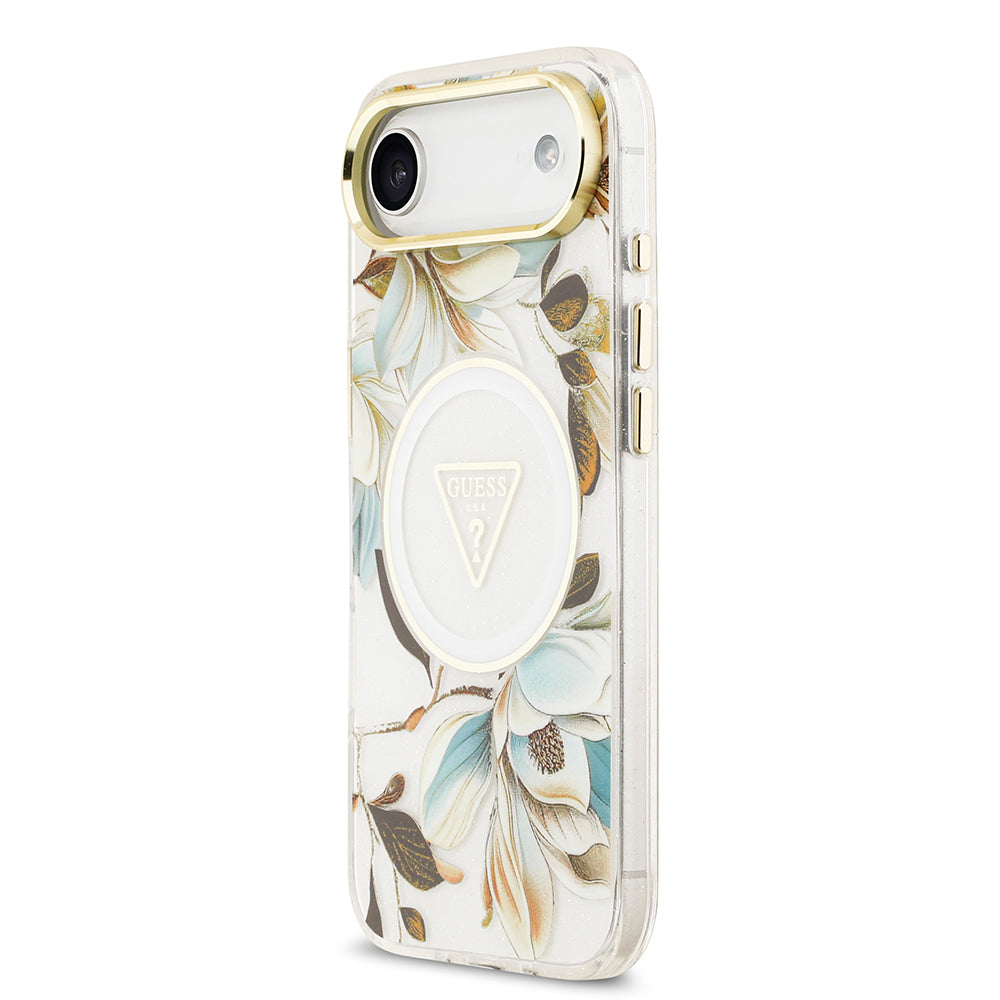 Guess iPhone 17 Air Orjinal Lisanslı M-safe Şarj Özellikli Simli Çiçek Desenli Metal Kamera Çerçeveli Üçgen Logolu Kılıf