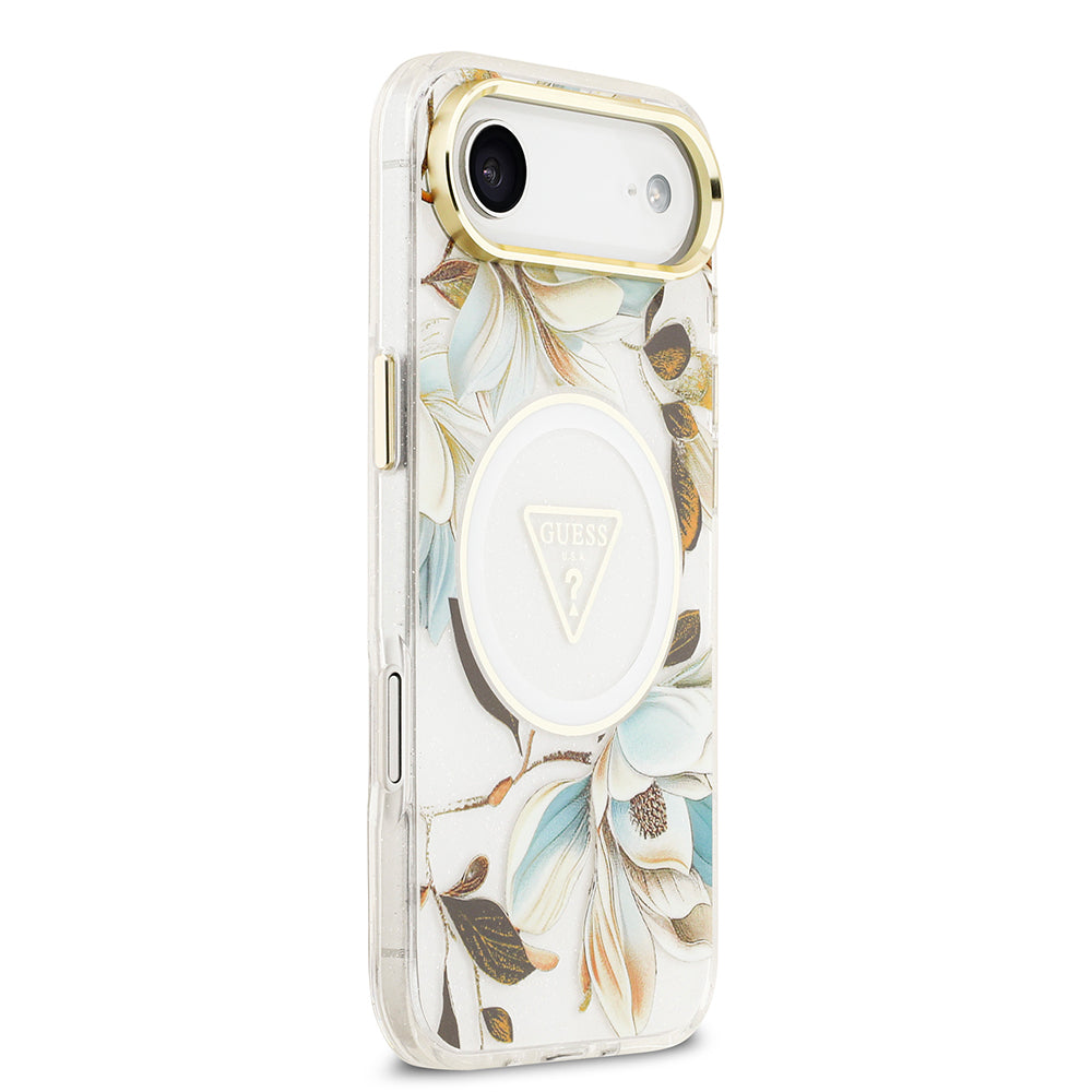 Guess iPhone 17 Air Orjinal Lisanslı M-safe Şarj Özellikli Simli Çiçek Desenli Metal Kamera Çerçeveli Üçgen Logolu Kılıf