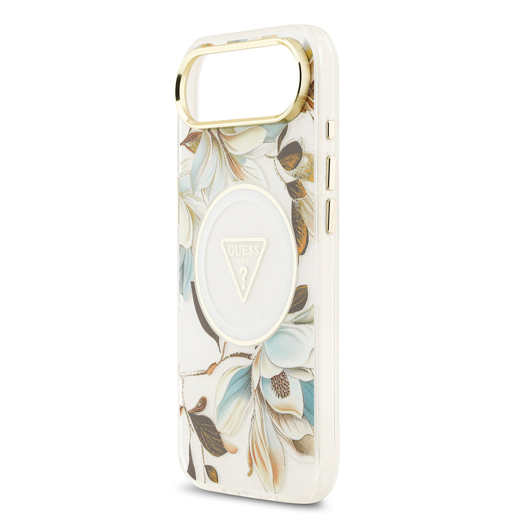 Guess iPhone 17 Air Orjinal Lisanslı M-safe Şarj Özellikli Simli Çiçek Desenli Metal Kamera Çerçeveli Üçgen Logolu Kılıf