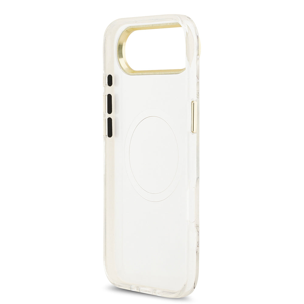 Guess iPhone 17 Air Orjinal Lisanslı M-safe Şarj Özellikli Simli Çiçek Desenli Metal Kamera Çerçeveli Üçgen Logolu Kılıf