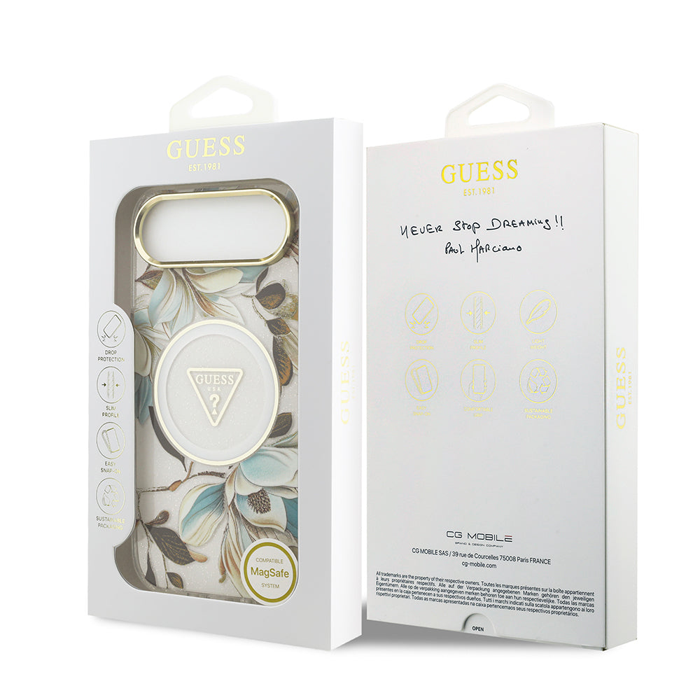 Guess iPhone 17 Air Orjinal Lisanslı M-safe Şarj Özellikli Simli Çiçek Desenli Metal Kamera Çerçeveli Üçgen Logolu Kılıf