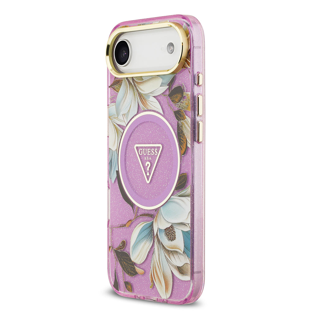 Guess iPhone 17 Air Orjinal Lisanslı M-safe Şarj Özellikli Simli Çiçek Desenli Metal Kamera Çerçeveli Üçgen Logolu Kılıf