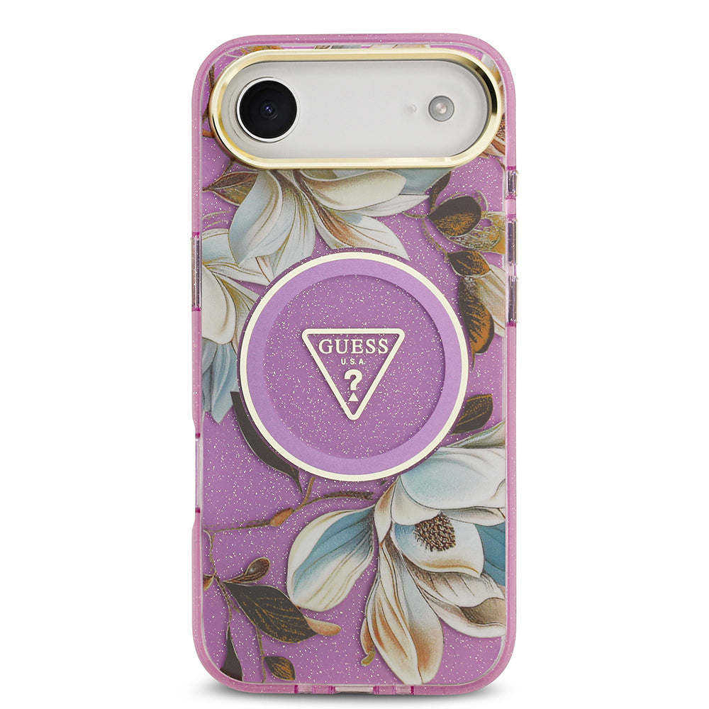 Guess iPhone 17 Air Orjinal Lisanslı M-safe Şarj Özellikli Simli Çiçek Desenli Metal Kamera Çerçeveli Üçgen Logolu Kılıf
