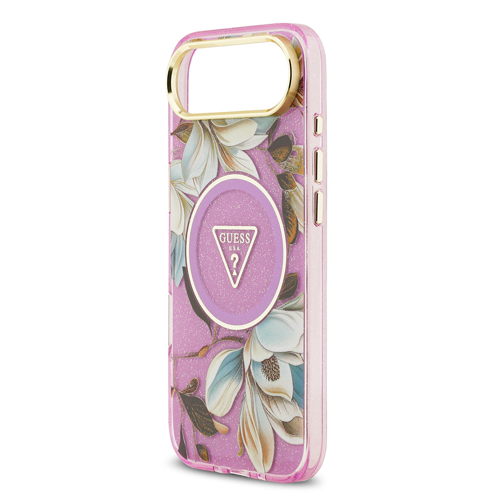Guess iPhone 17 Air Orjinal Lisanslı M-safe Şarj Özellikli Simli Çiçek Desenli Metal Kamera Çerçeveli Üçgen Logolu Kılıf