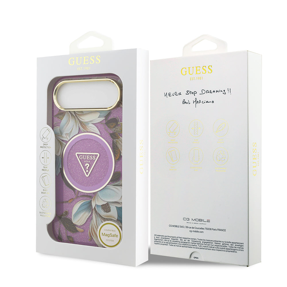 Guess iPhone 17 Air Orjinal Lisanslı M-safe Şarj Özellikli Simli Çiçek Desenli Metal Kamera Çerçeveli Üçgen Logolu Kılıf